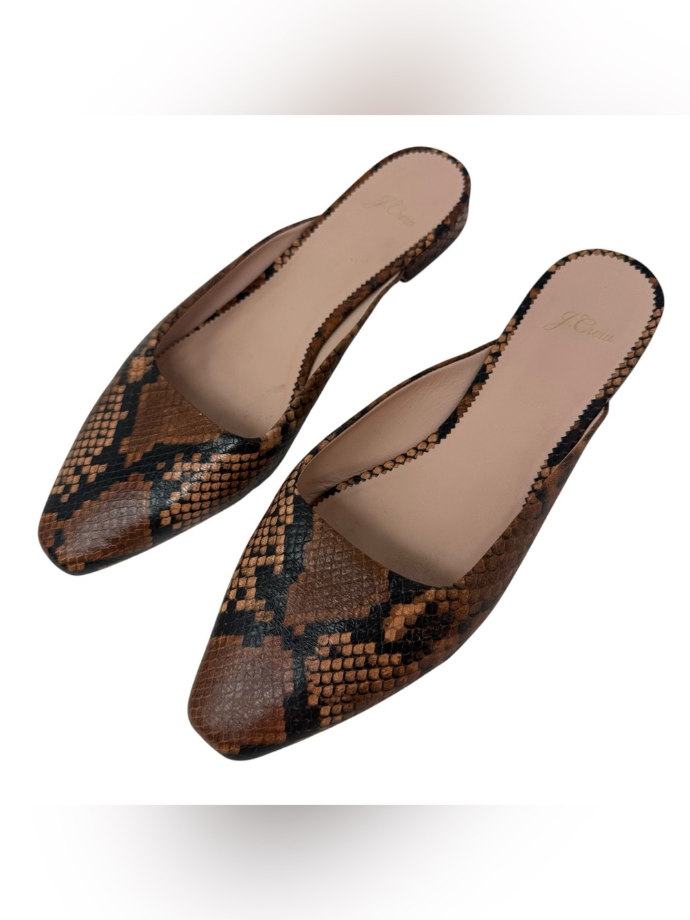 J. Crew Carolyn Women’s Size 10.5 mule flats snake embossed leather tan brown